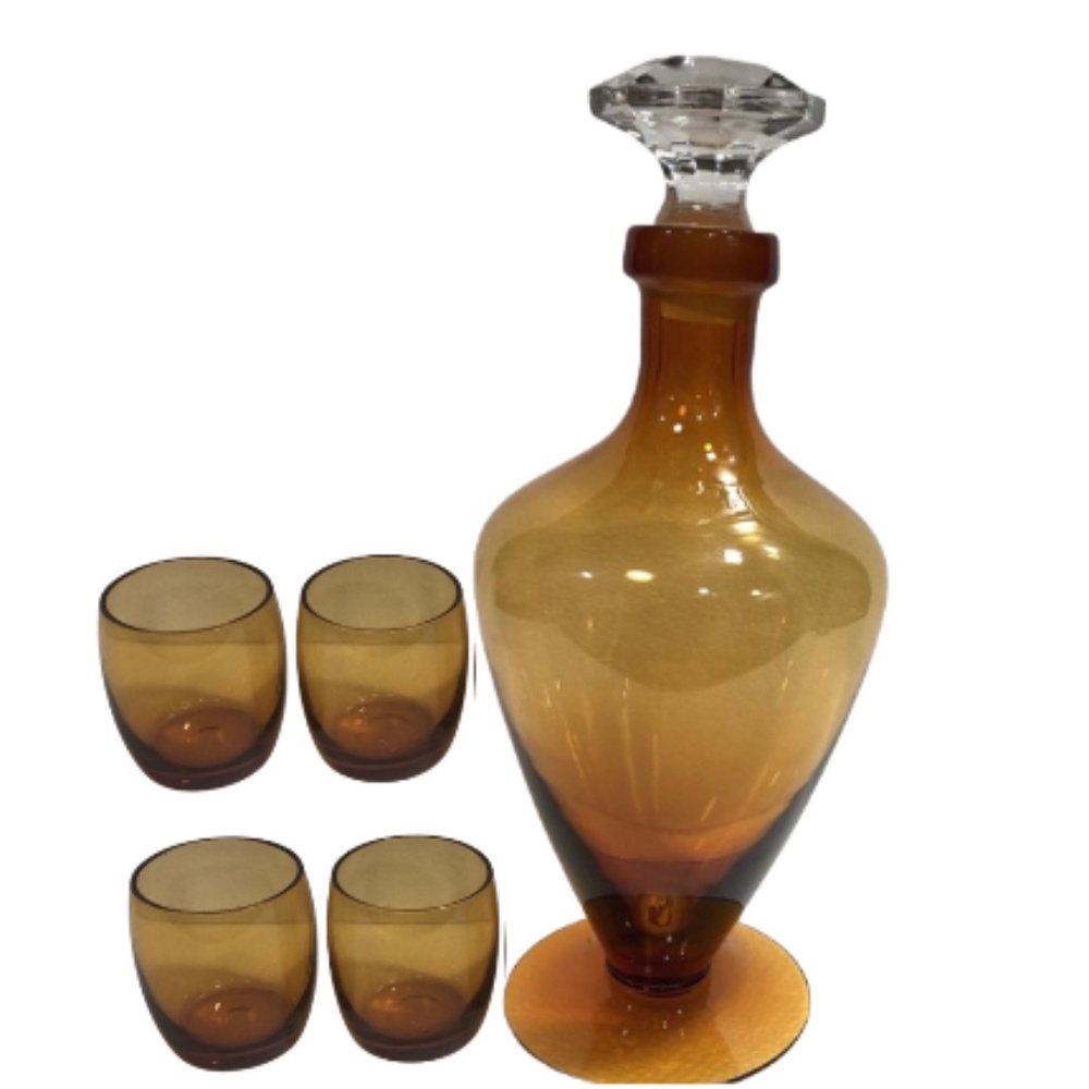 Vintage Cambridge Amber Glass 11โ Liquor Decanter / Clear Stopper Handmade USA